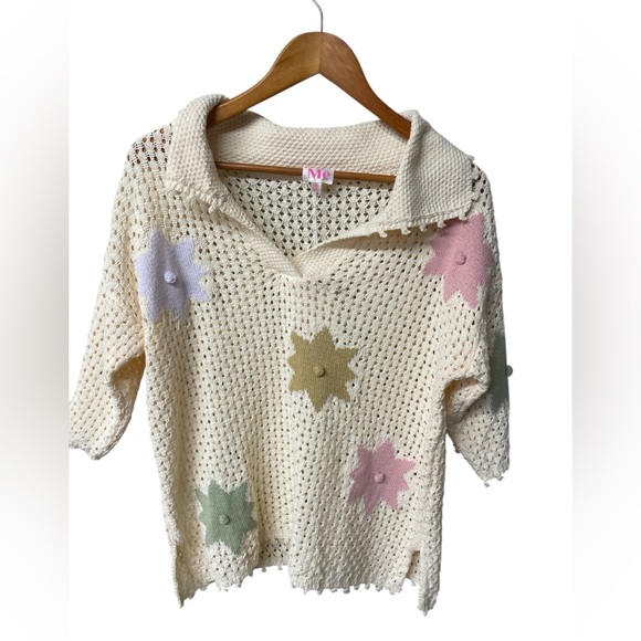 So Me Ivory Floral Open Knit Sweater 3D Pom Pom Trim Grannycore Boho NWT Small - Picture 2 of 8